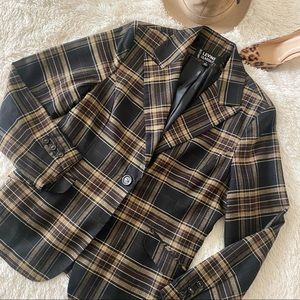 Vintage Larry Levine Classics  Brown & Black Plaid Single Front Closure Blazer